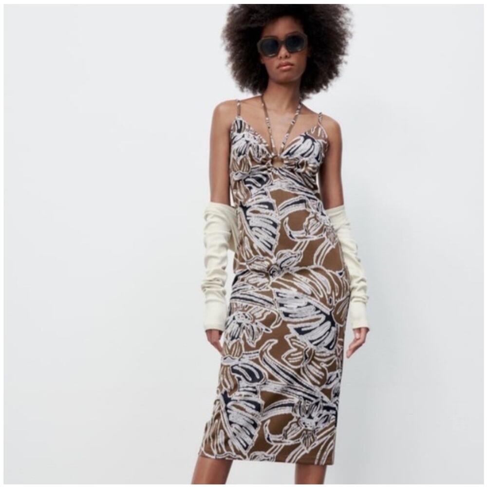 Zara Brown Floral Halter Midi Dress Size M Cut Out Bodycon Stretch Festival Y2K